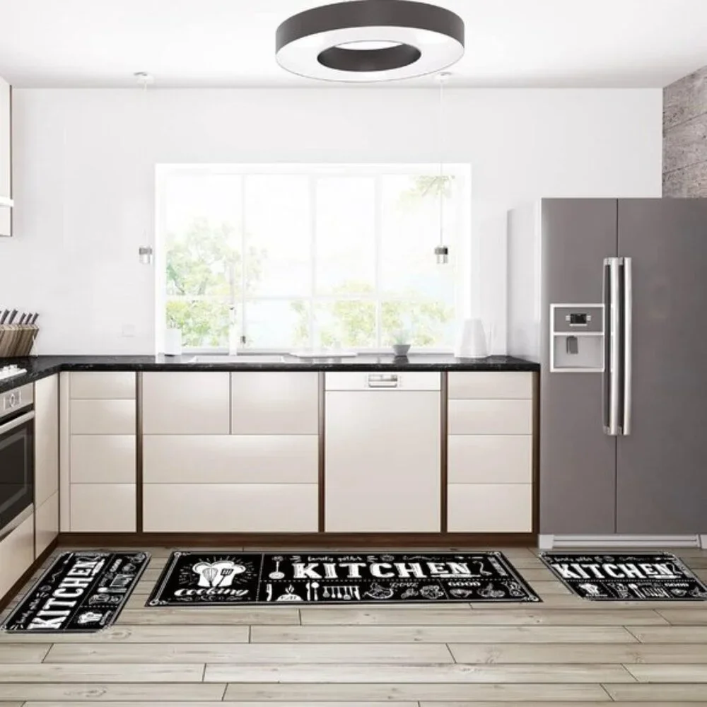 New 3-Piece Black Kitchen Rug Set, Non-Skid Anti-Fatigue Stain-Resistant Mats